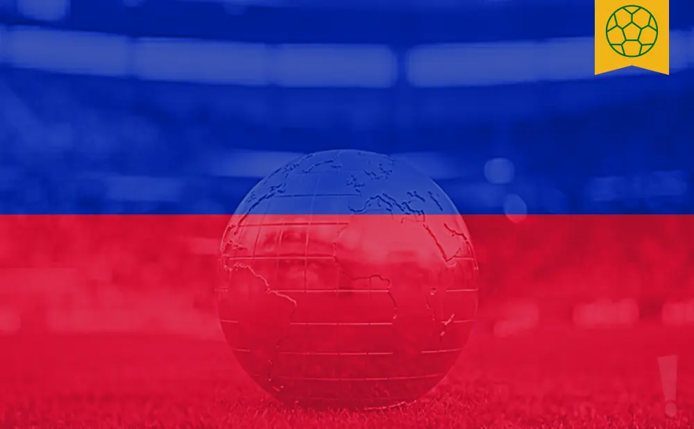 A globe with a soccer ball icon on a blue and red background.