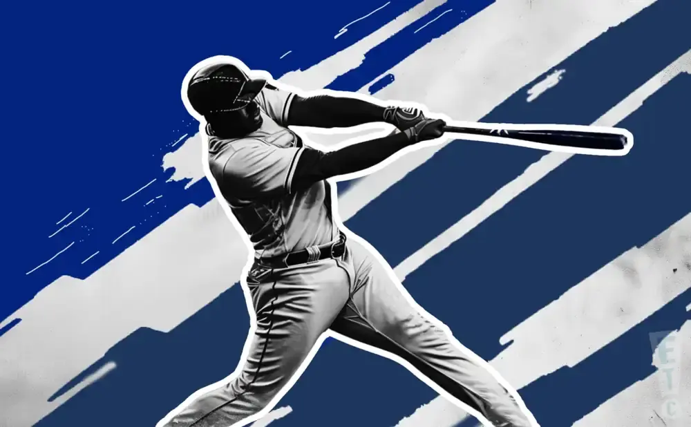A baseball player swings a bat against a blue and white abstract background.