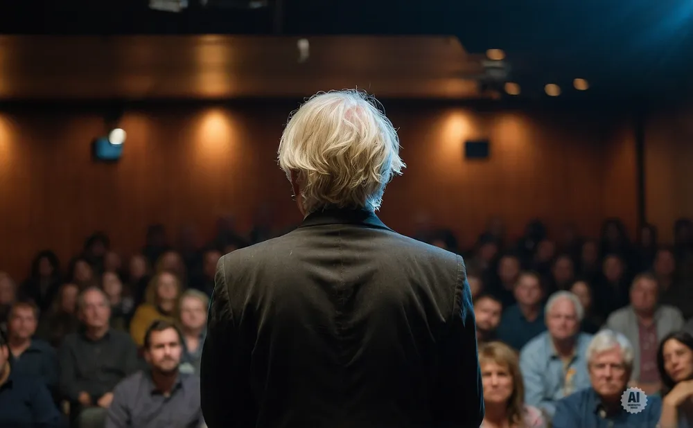 Man with long, light-colored hair seen from behind, wearing a suit jacket, speaks to an audience in a dimly lit room.