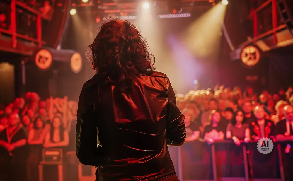 A person in a leather jacket faces a crowd during a concert, illuminated by stage lights.