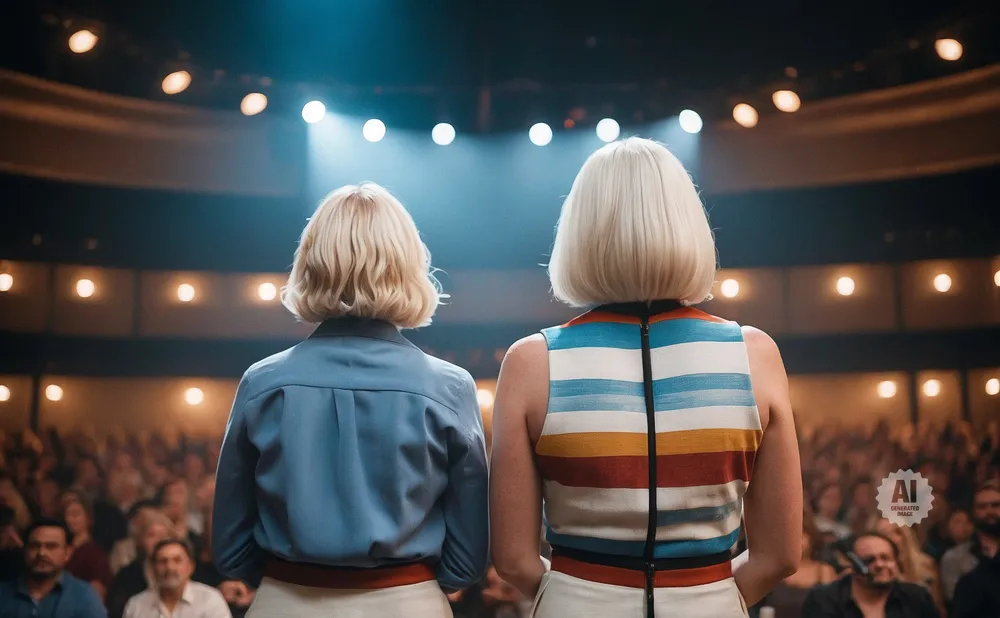 Two women with blonde bob haircuts stand on a stage facing an audience, one in a blue shirt, the other in a striped dress.