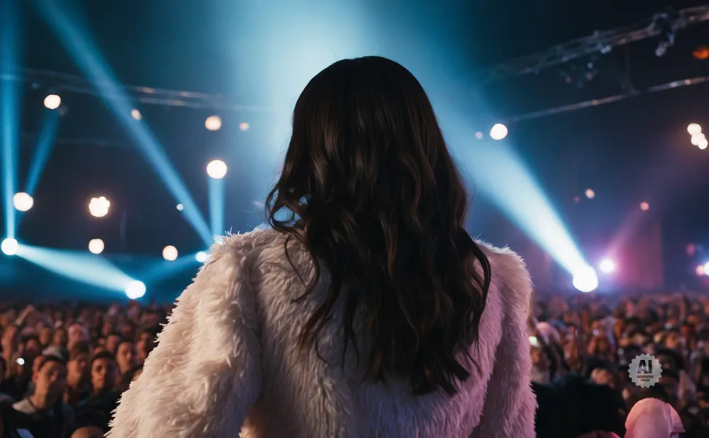 Woman in fuzzy white jacket on stage with blue spotlights and a cheering crowd.