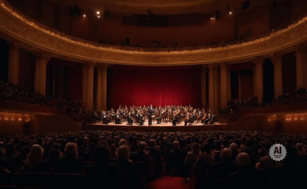 An orchestra performs on stage in a grand concert hall to a seated audience.
