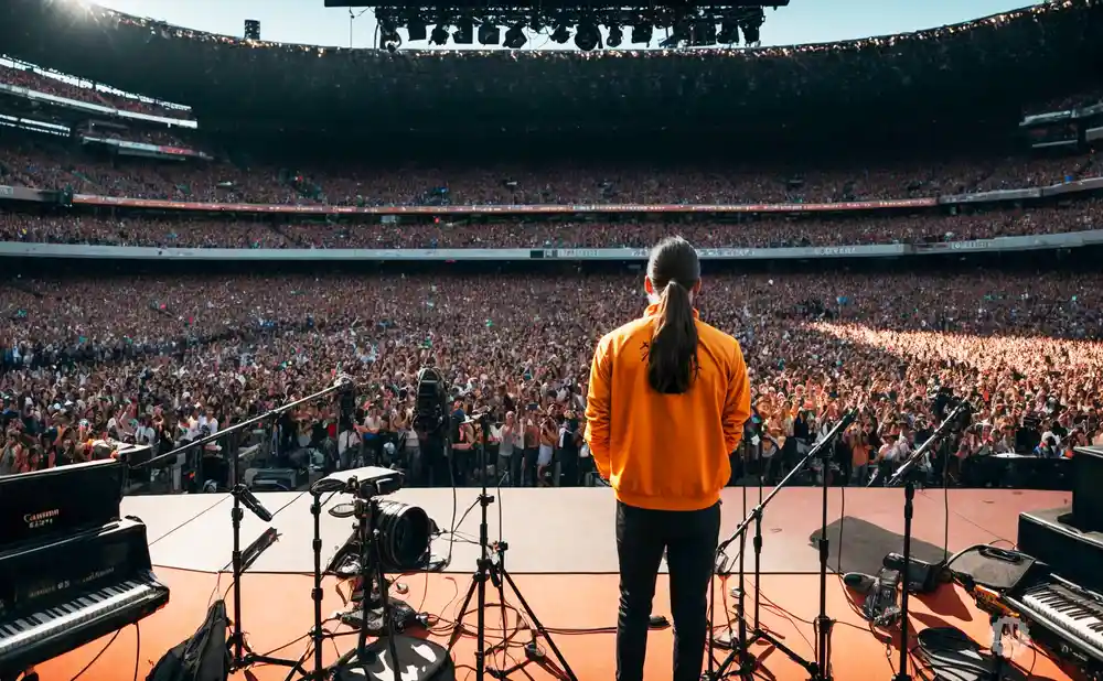 A person in an orange jacket stands on stage facing a massive, cheering stadium crowd.