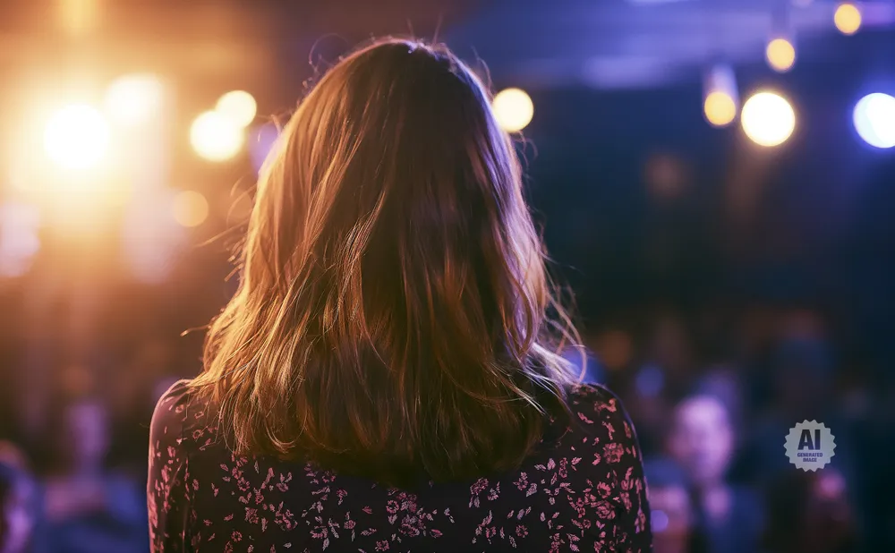 Woman's back with dark floral dress facing a stage with bright lights and blurred audience.