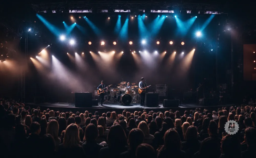 A band performs on stage under blue and orange lights to a large audience.