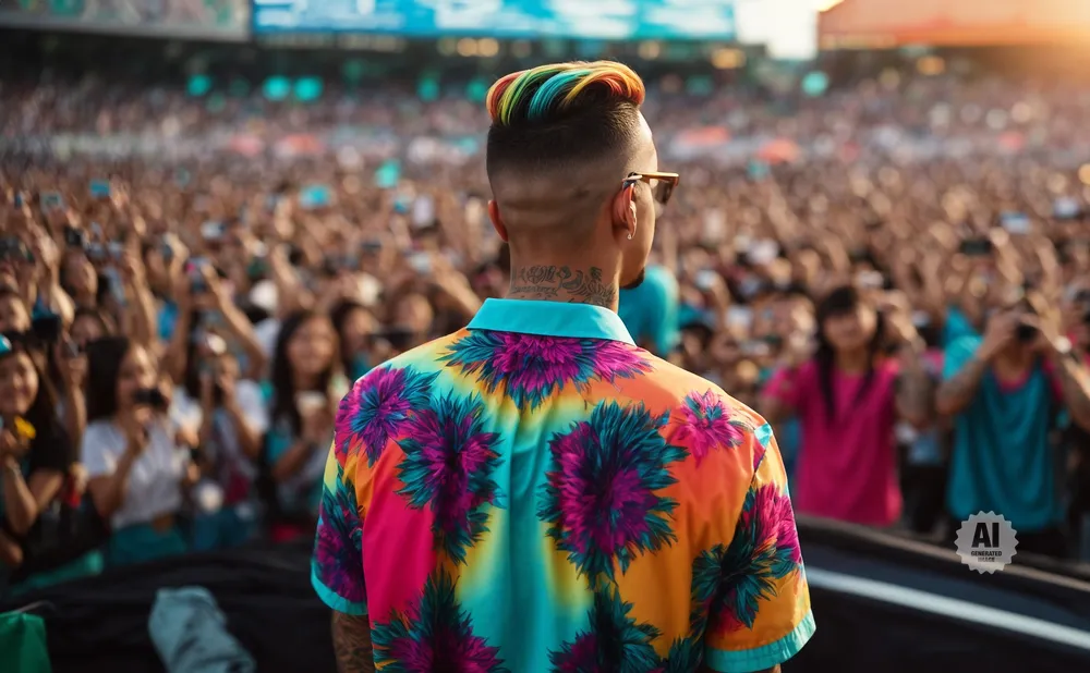 A man with rainbow-colored hair performs for a large, blurred crowd at an outdoor concert.