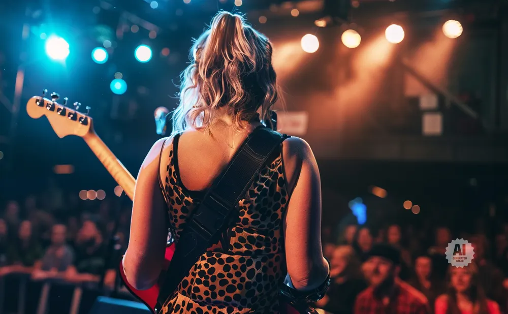 Back of a woman playing guitar on stage with a leopard print dress and a crowd in the background.