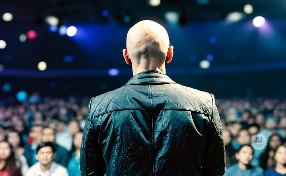 A bald man in a leather jacket faces an audience in a dimly lit auditorium with blue and white stage lights.