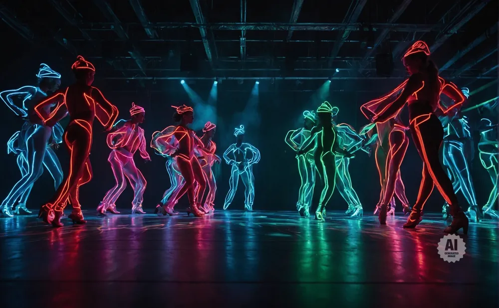 Dancers in neon suits perform on a dark stage, illuminated by blue, red, and green lights.