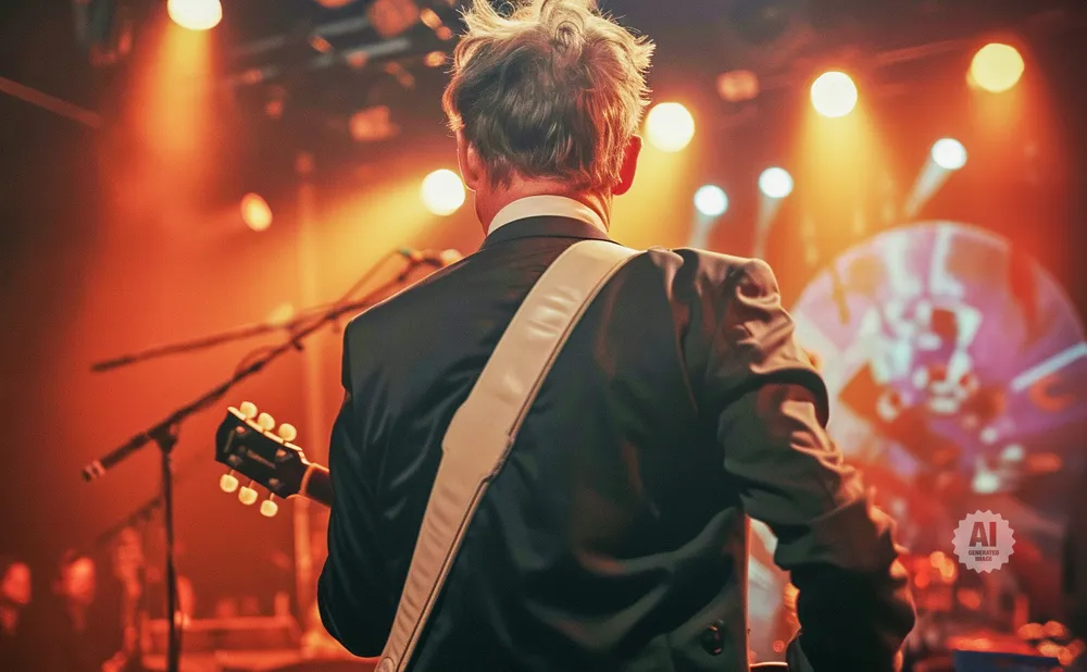 Guitarist in a suit plays on a stage, bathed in orange spotlight.