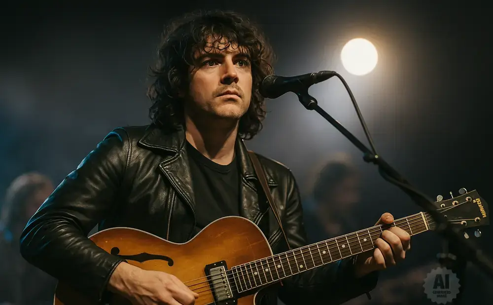 A man with curly hair wears a black leather jacket and plays an acoustic guitar on stage with a microphone nearby.