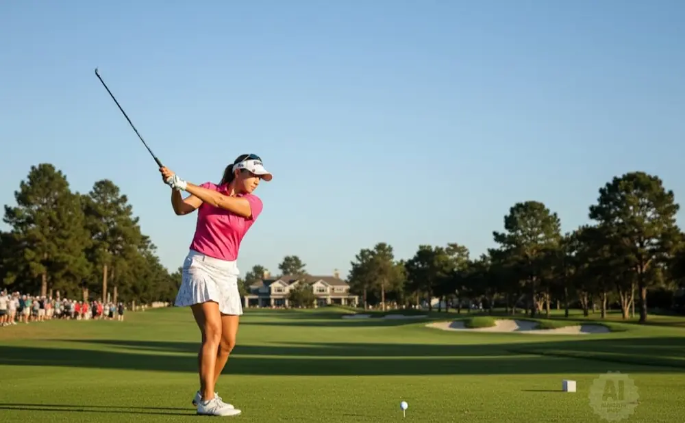 A female golfer in a pink shirt and white skirt swings her club on a sunny golf course.