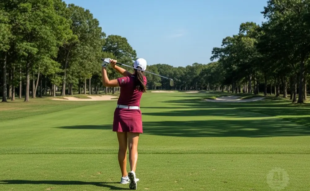 A female golfer in a maroon skirt and shirt swings her club on a golf course with trees and sand traps.