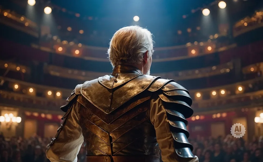 An elderly man in ornate armor faces a spotlight in a theater.