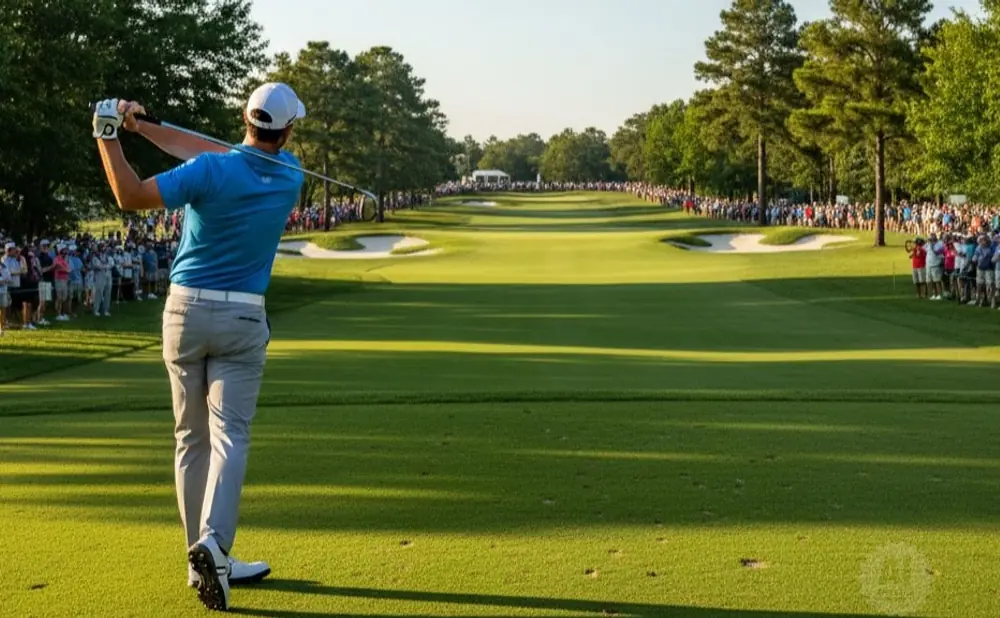 Golfer swings on a green fairway lined with trees and spectators.