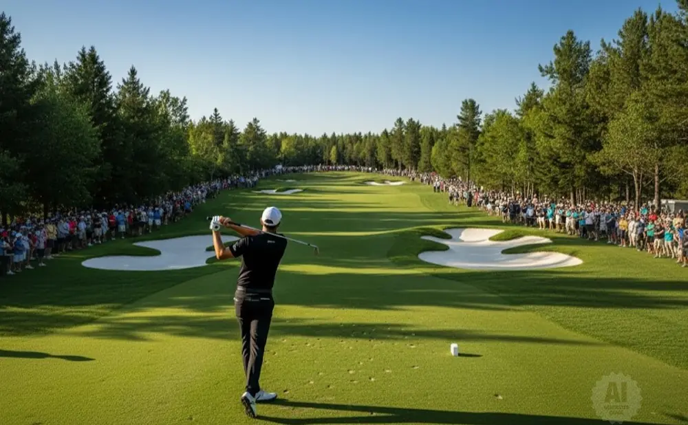 Golfer swings during a tournament, with spectators lining the fairway and trees in the background.