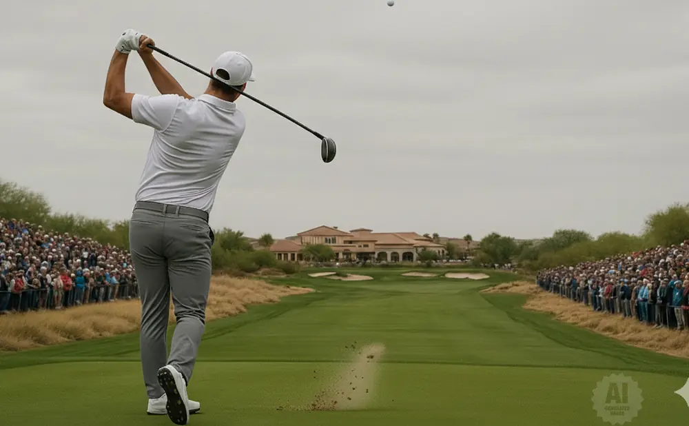Golfer in mid-swing on a green, with spectators lining the fairway and a clubhouse in the distance.