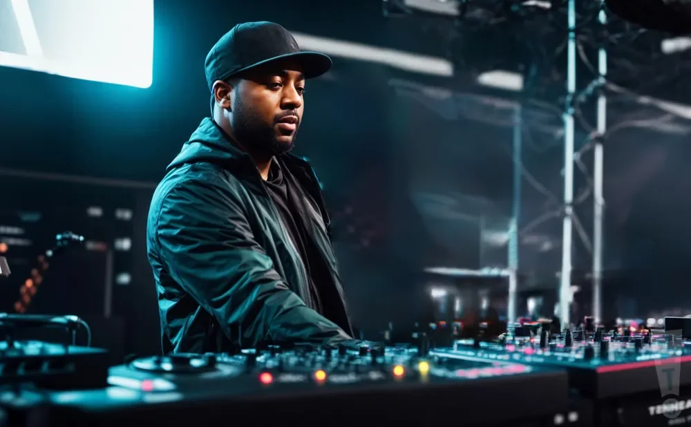 A Black DJ in a black hoodie and baseball cap mixes music on a DJ deck at a concert.