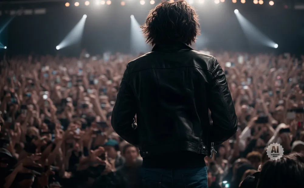 A performer in a leather jacket faces a large, cheering crowd at a concert, with many audience members holding up phones.