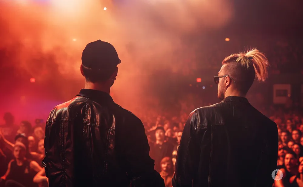 Two men in leather jackets face a cheering crowd bathed in red light.
