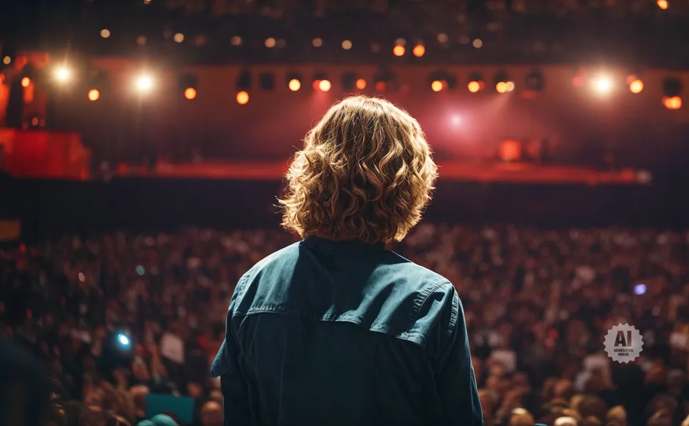 Person with curly hair stands facing a large, dimly lit audience at a concert or event.