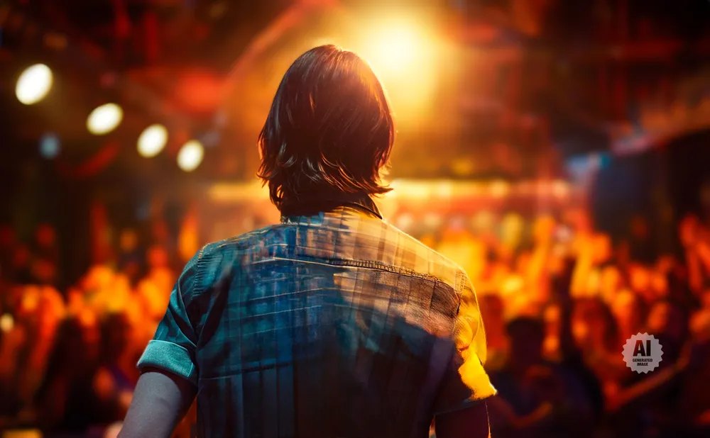 A person in a plaid shirt faces a bright stage light in a blurry, energetic crowd.