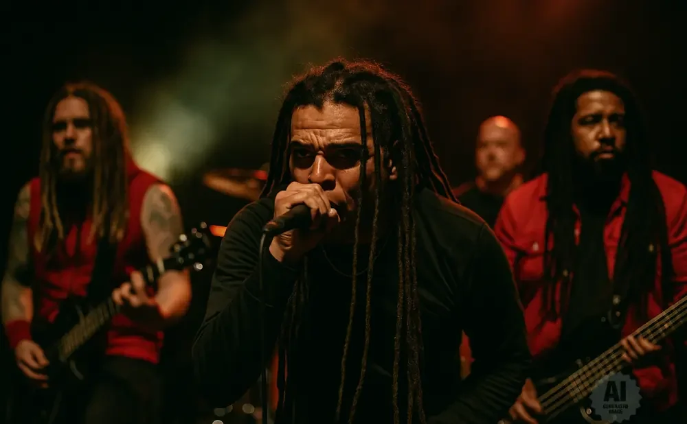 A band performs on stage with a lead singer in the foreground singing into a microphone.