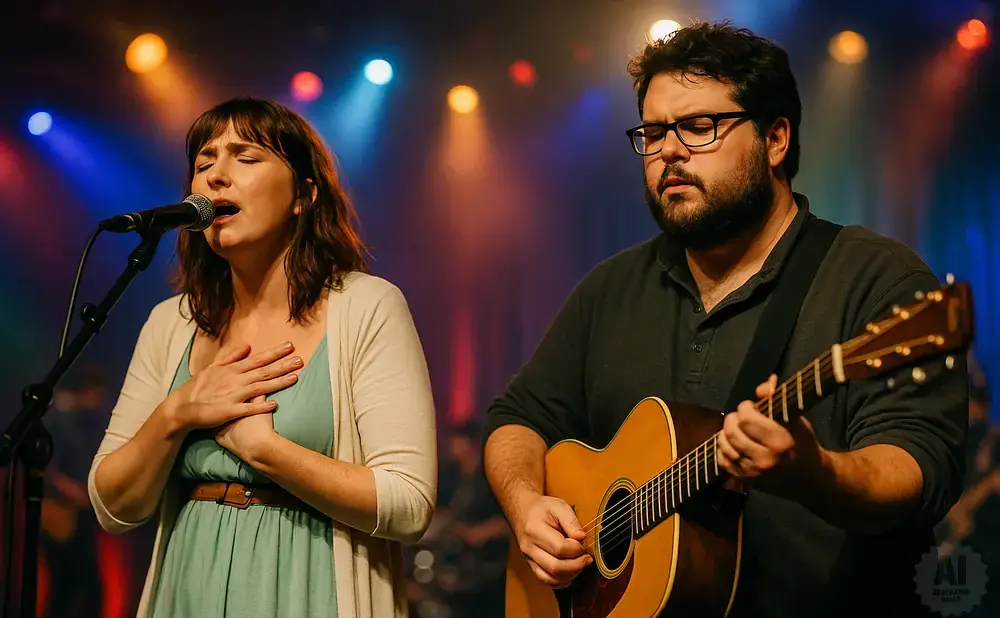 A woman sings into a microphone with her hand on her chest as a man plays guitar beside her.