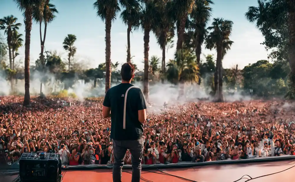 Man on stage looking out at a large, cheering crowd at an outdoor music festival with palm trees.