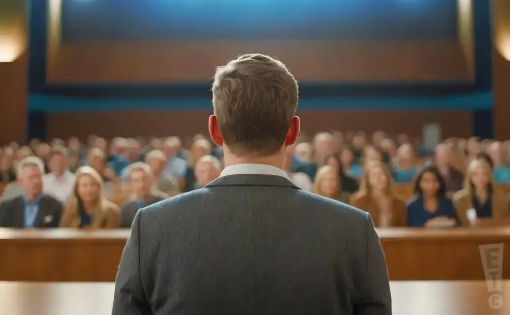 Man in a suit addresses a blurred audience from behind, facing a lecture hall.