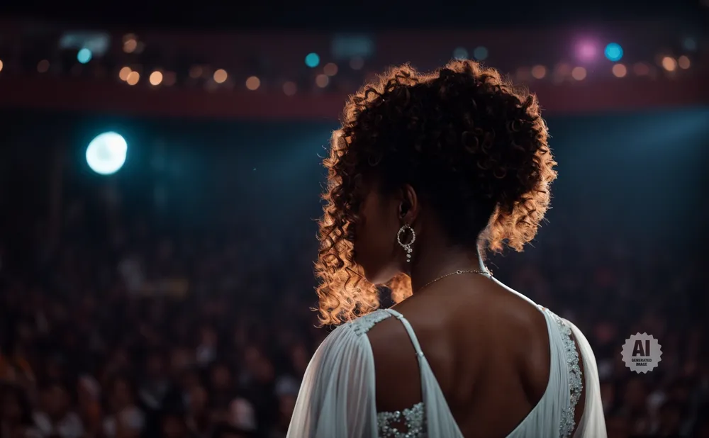Woman in a white dress with curly hair facing away from camera, on stage with blurred audience and lights.