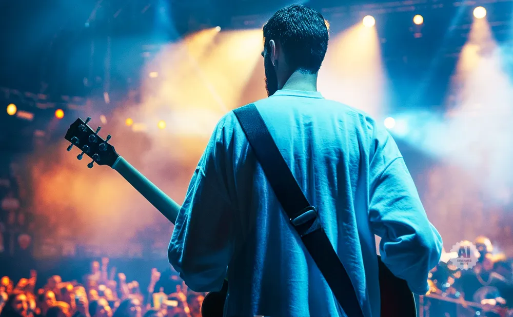 A guitarist plays on stage with a crowd in the foreground and stage lights in the background.