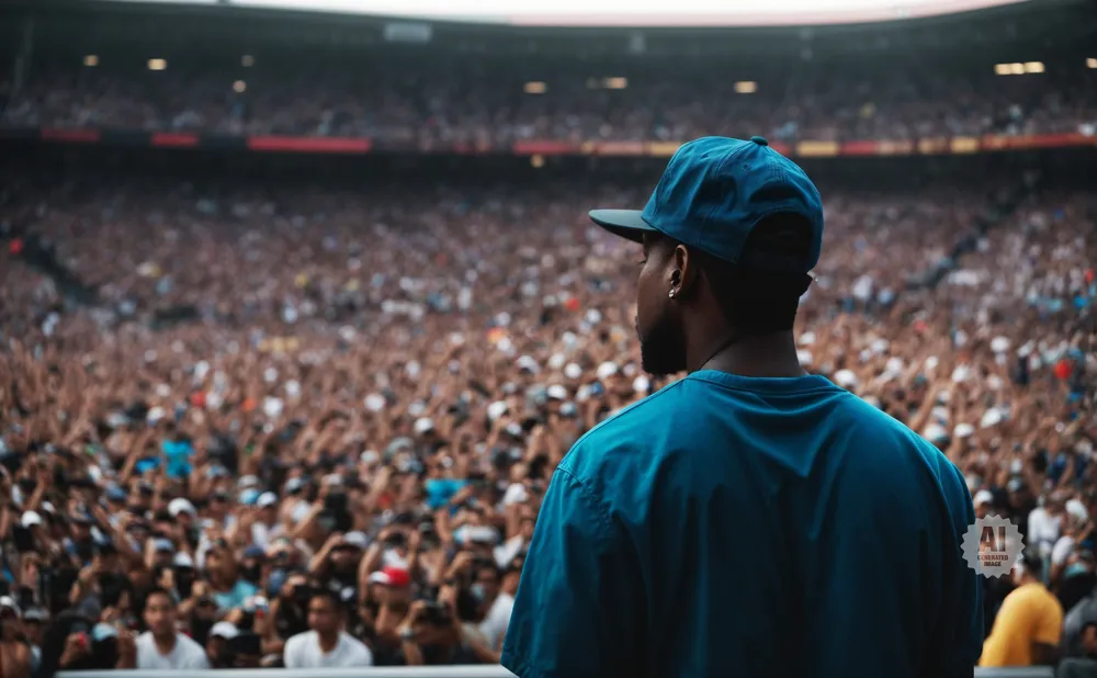 Man in blue hat and shirt facing a large crowd at a concert or stadium.