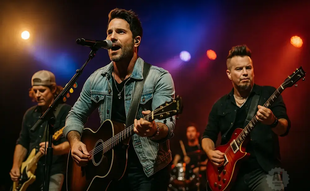 A male singer in a denim jacket performs with an acoustic guitar, backed by a band on stage.