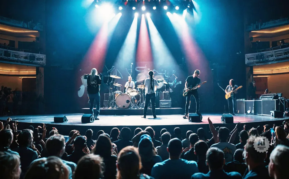 A band performs on a dimly lit stage with red and blue spotlights, while a crowd watches from below.