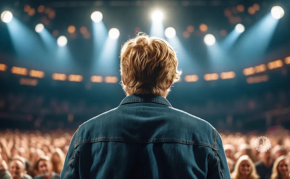 A person in a denim jacket faces away from the camera, looking towards a brightly lit stage and an audience.
