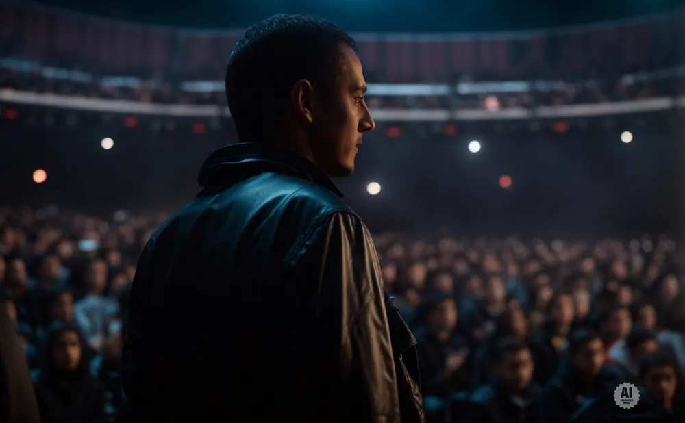 A man in a black jacket faces a large, dimly lit audience.
