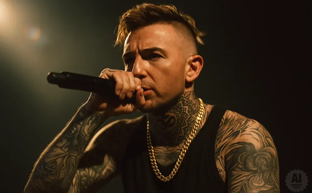 A heavily tattooed man with a mohawk and gold chain holds a microphone to his lips.