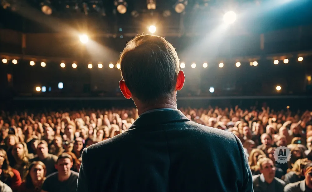 A speaker faces a large, attentive audience in a well-lit auditorium.