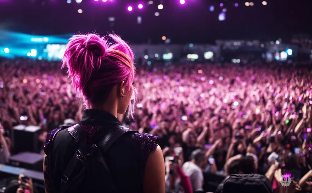 A person with bright pink hair stands facing a large, cheering crowd at a concert, with hands and phones raised.