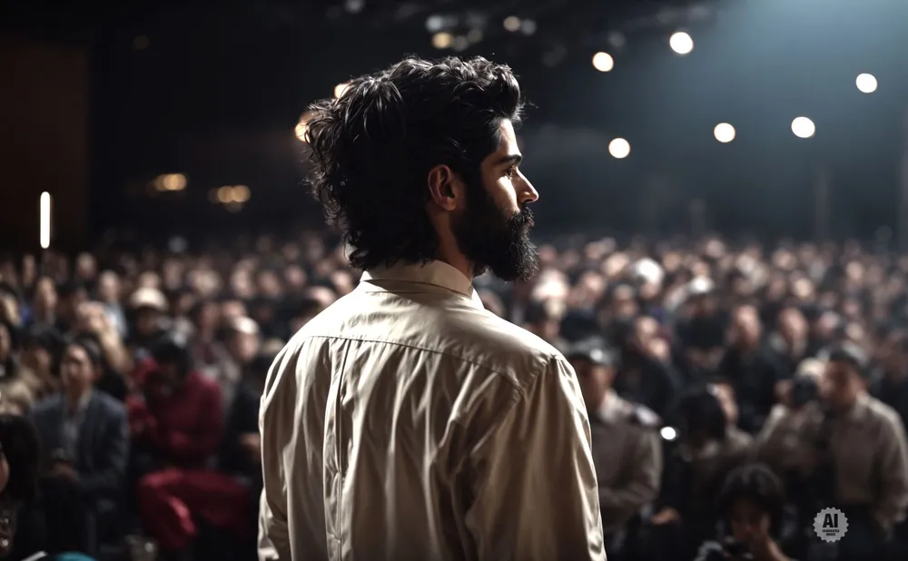 A man with dark, curly hair and a beard speaks to a large, blurred audience in a dark room with spotlights.