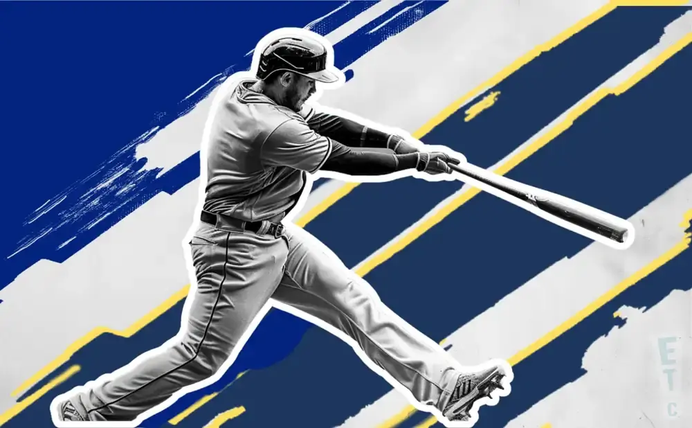 Baseball player swinging a bat with a blue and yellow background.