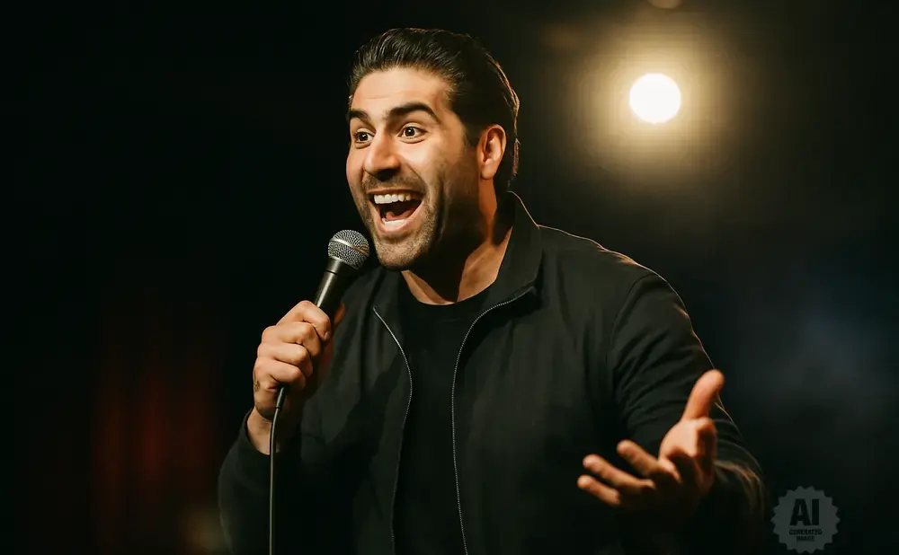 A man stands on stage holding a microphone and gesturing with his hands, telling a joke under a spotlight.