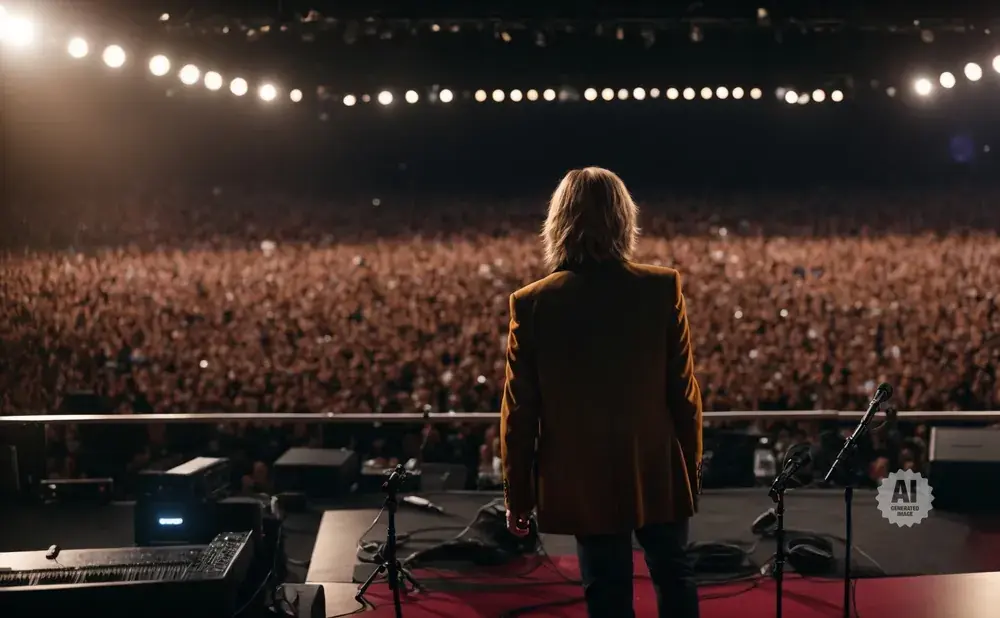Musician in a brown jacket facing a large, cheering crowd at a concert.