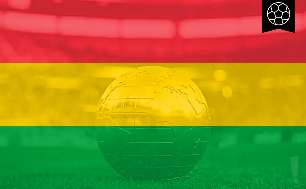 A globe rests on grass against a background with red, yellow, and green stripes, with a soccer ball icon in the top right.
