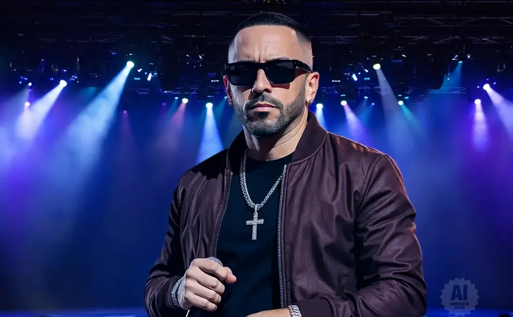 A man with sunglasses and a cross necklace stands on a stage with purple lights.