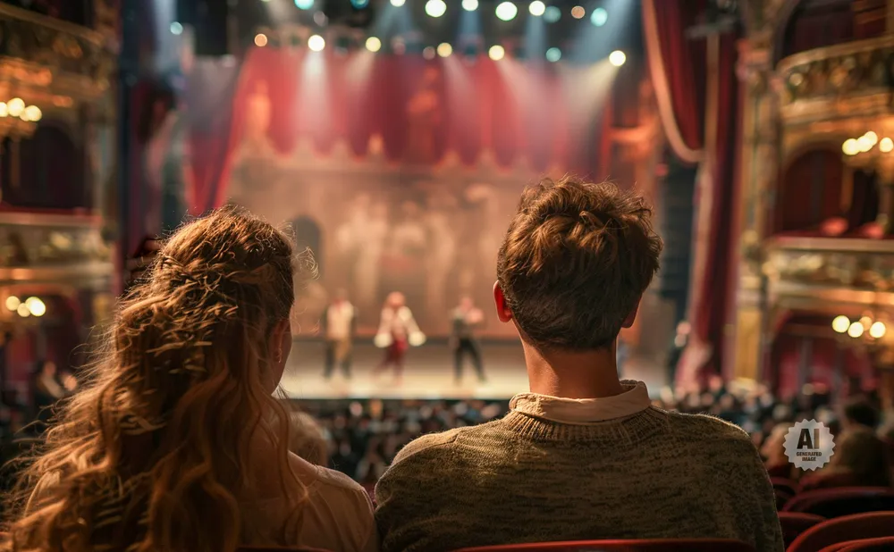 Couple watches a performance on stage in a vintage theater, with ornate balconies visible on the sides.