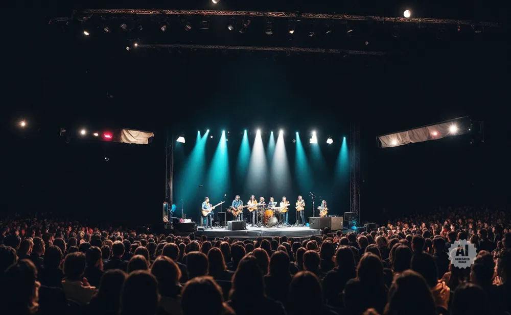 A band plays on a brightly lit stage to a large, silhouetted audience in a dark venue.