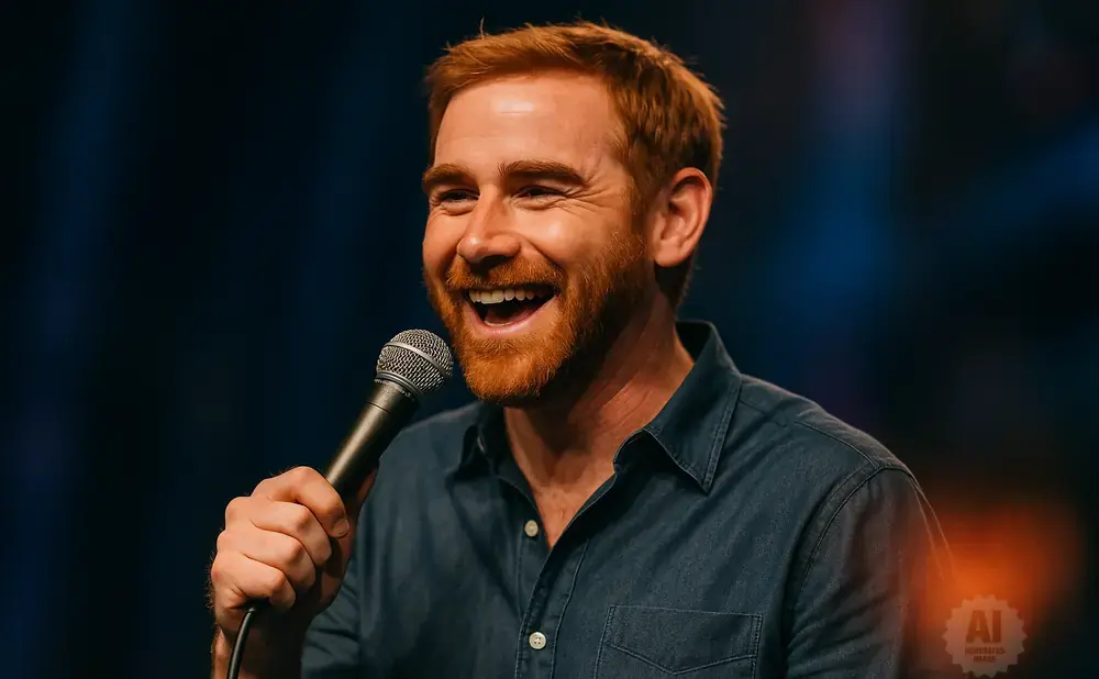 A laughing redhead man holds a microphone and wears a blue shirt.